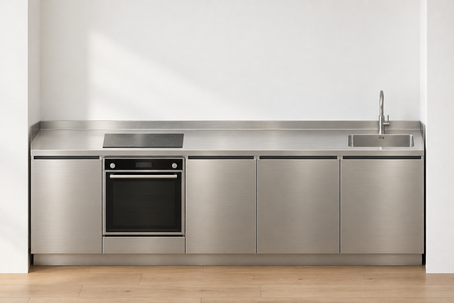 A clear front view of the five cabinet bays, oven, hob and sink.