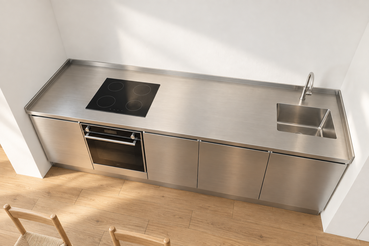An elevated view of the hob, sink and surrounding work surface.