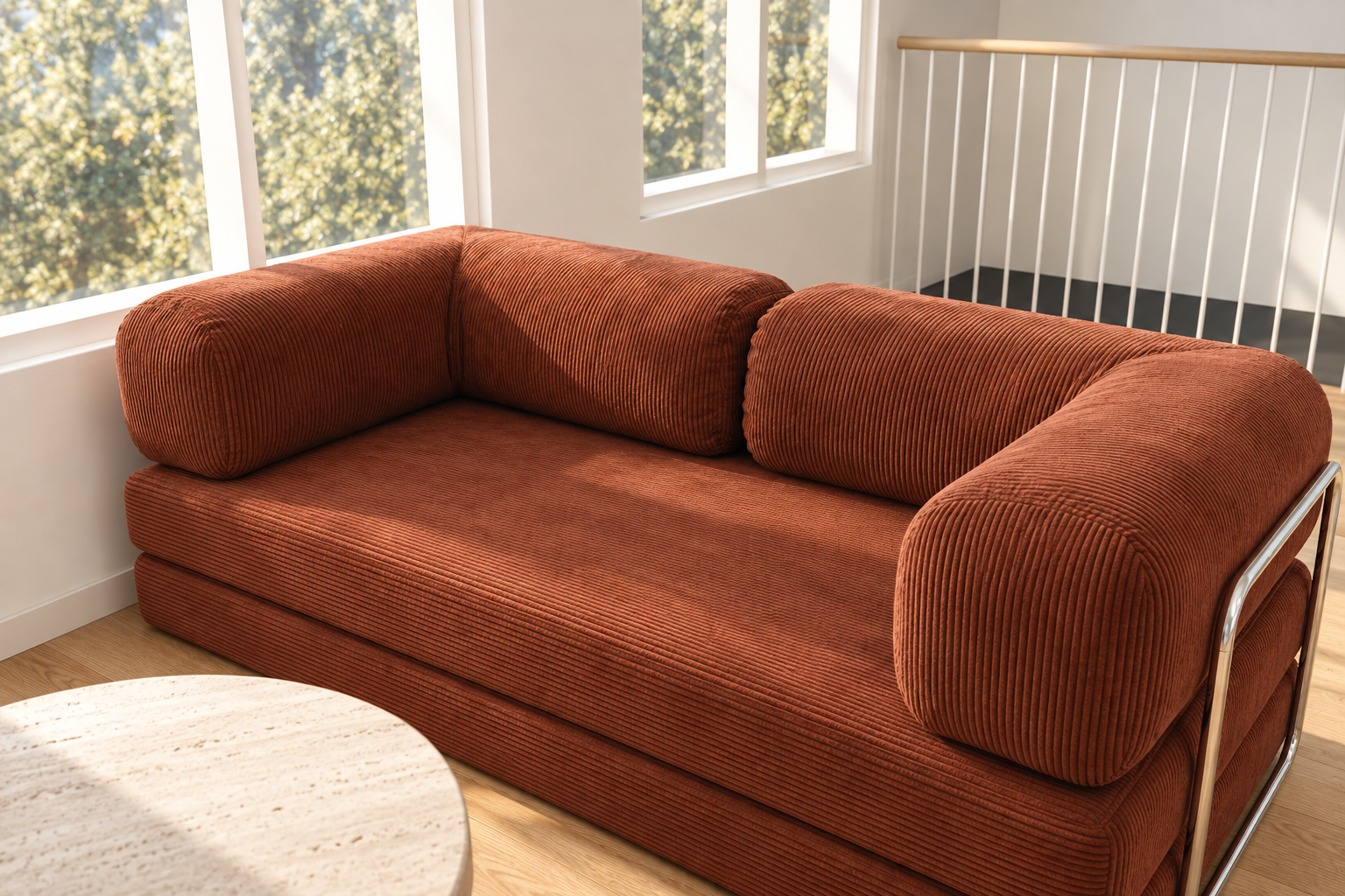 Original 200 × 100 cm sofa, with corduroy upholstery and chrome supports.