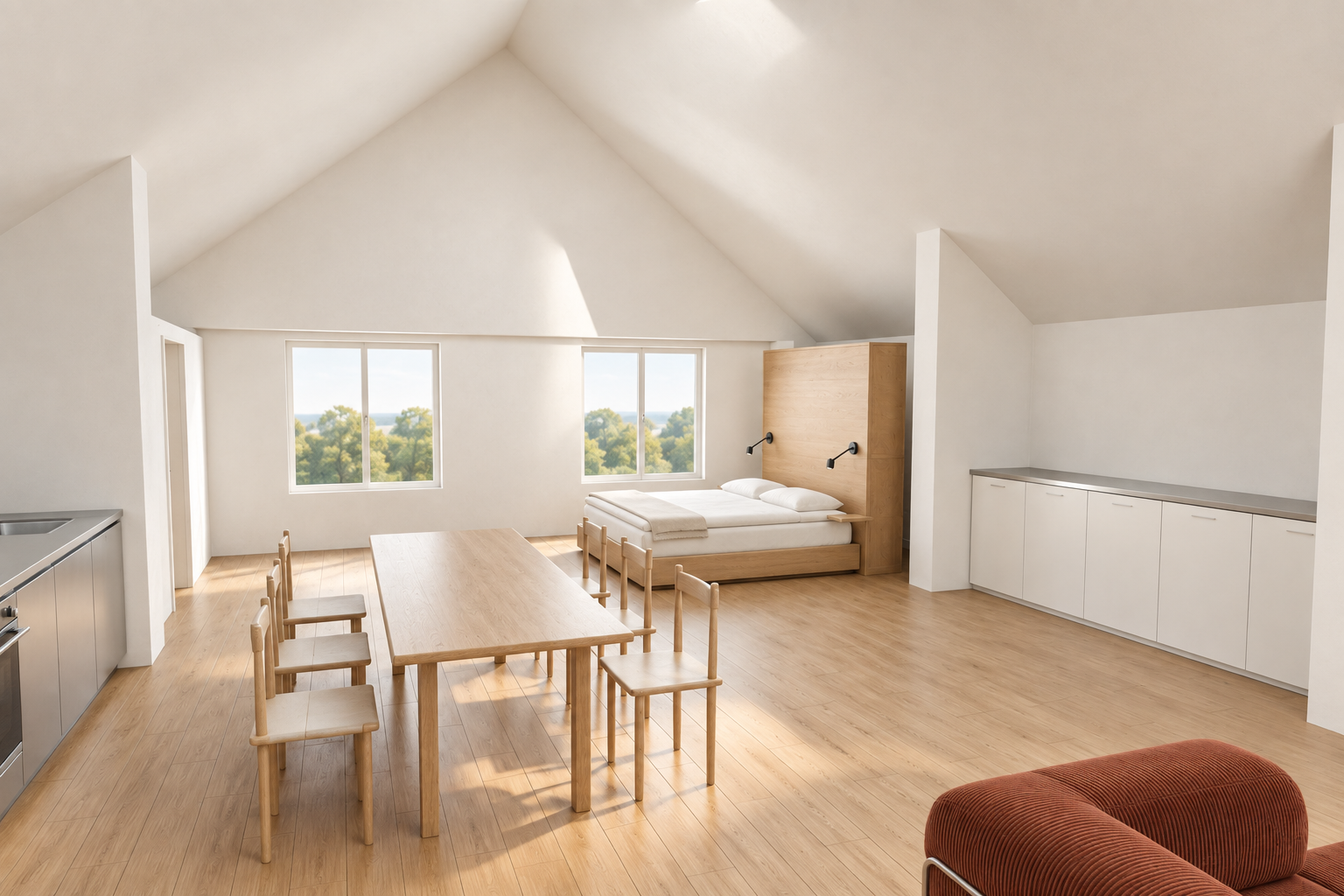 Looking north through the kitchen and dining area toward the bedroom.