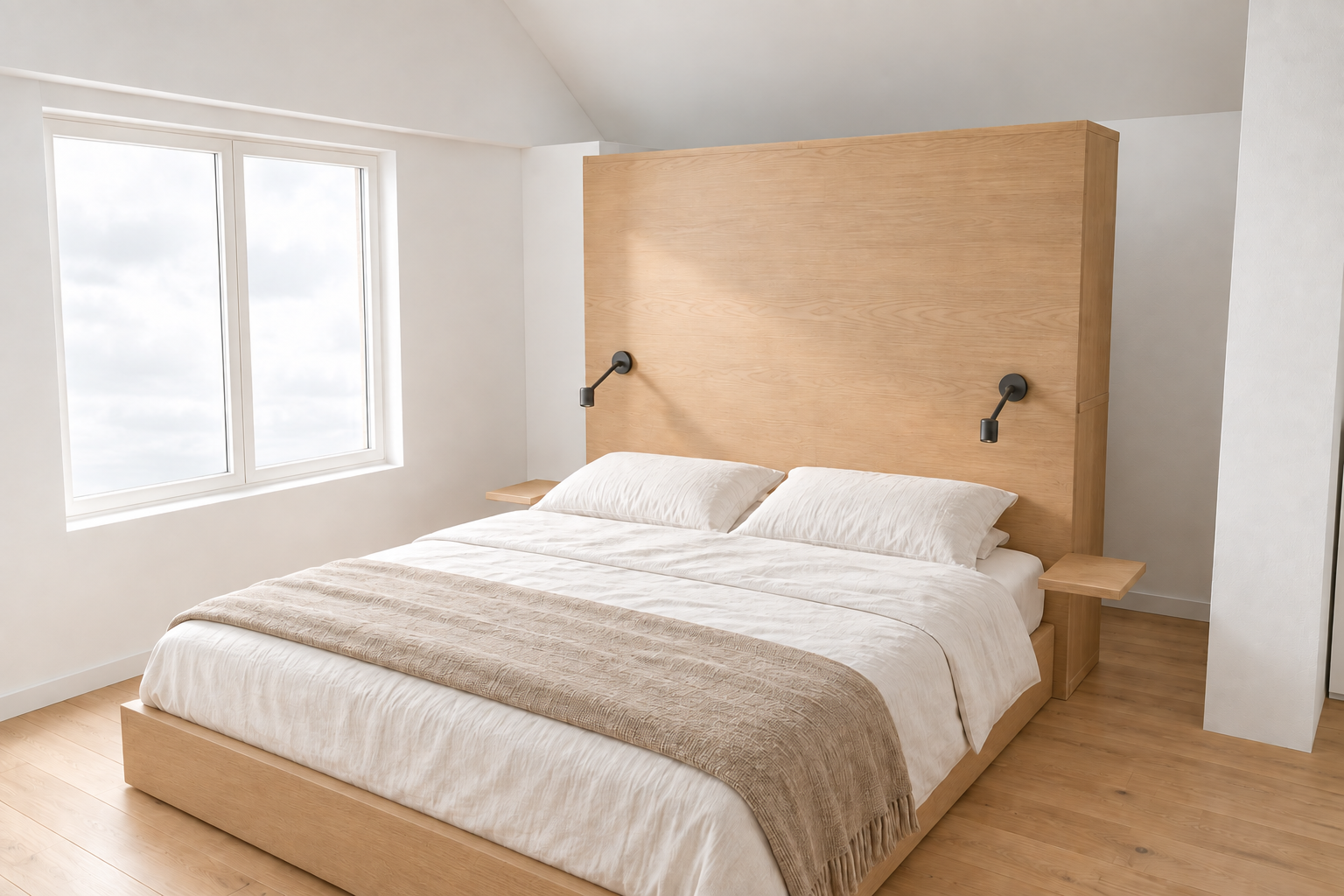 White linen, an oak platform bed and a headboard that forms the dressing partition.