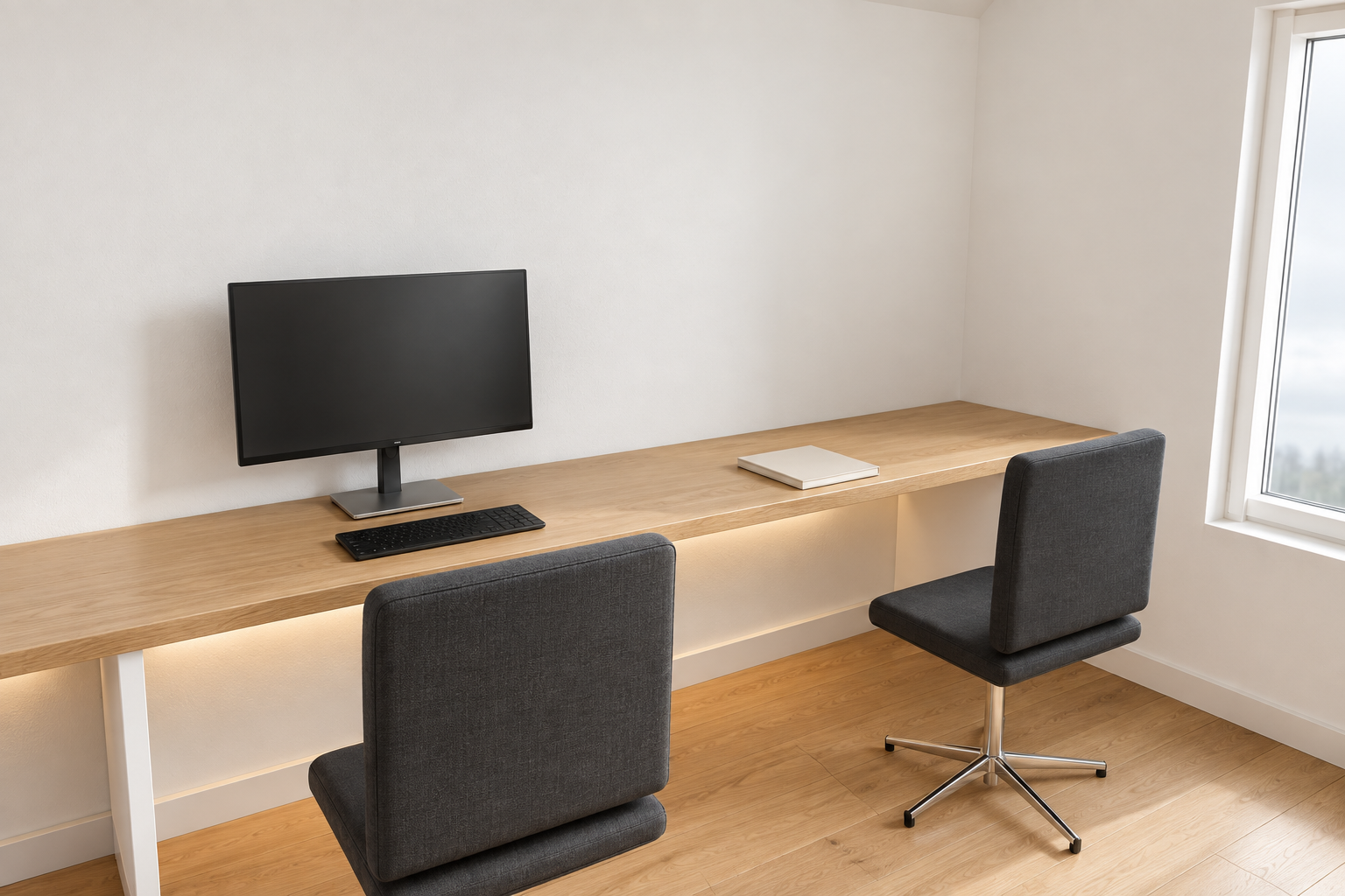 An oak desk with two work positions and discreet lighting beneath.