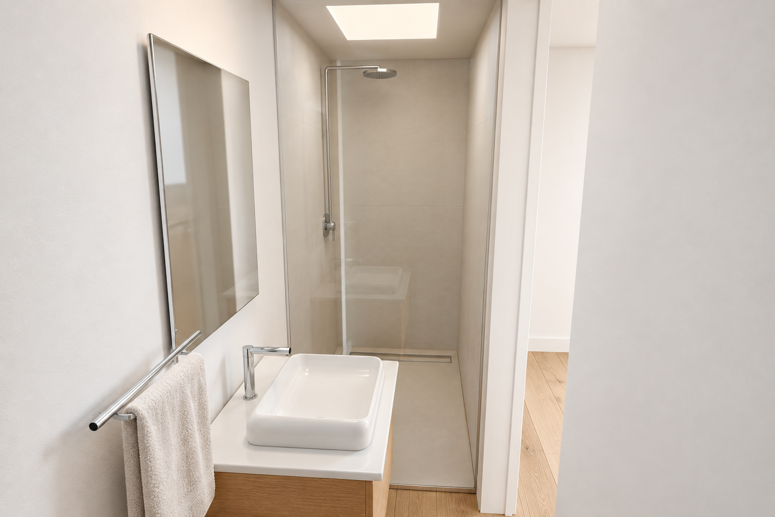 The compact vanity and glass shower at the north end of the narrow bathroom.