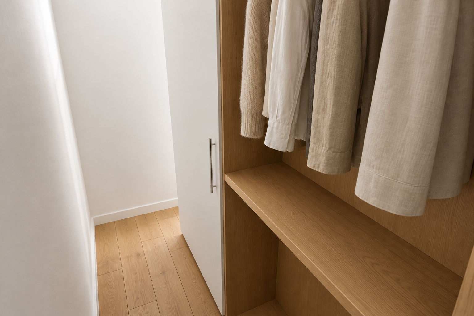 A compact dressing aisle with oak shelving and white joinery.