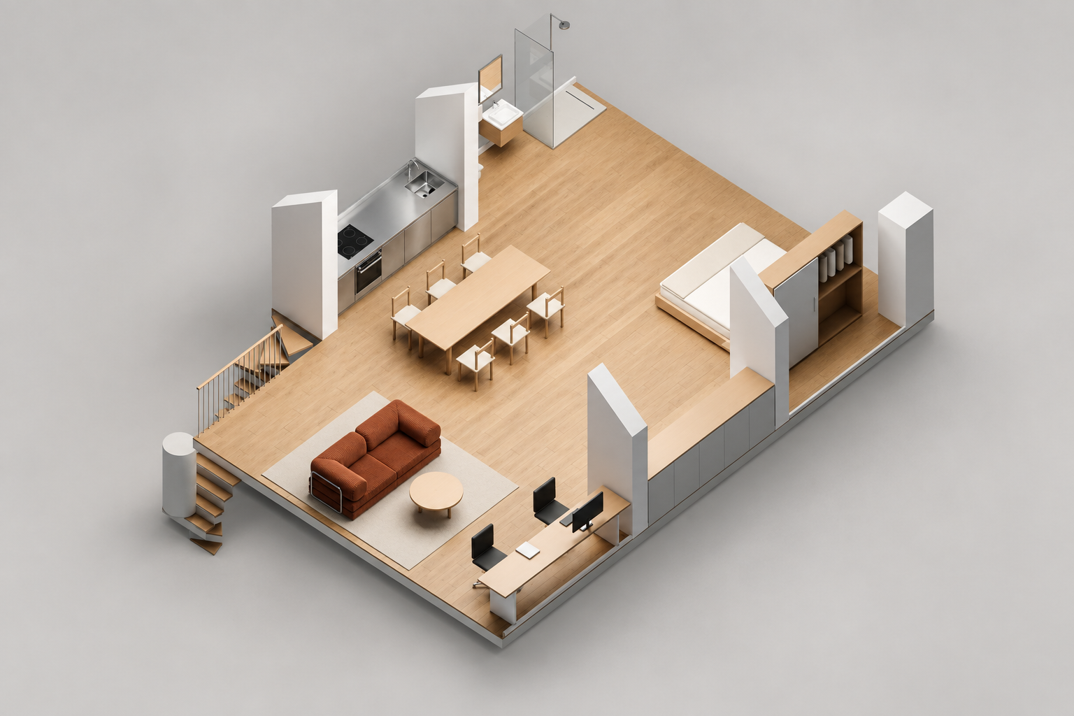 A cutaway of the three bays: lounge and desk to the south, kitchen and dining in the middle, bedroom to the north.