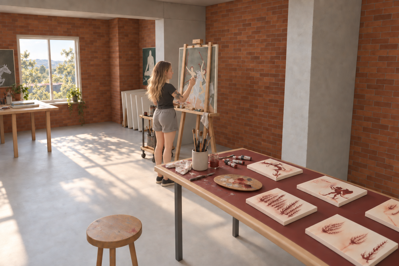 Ivory panels, crimson studies, paint tubes and brushes spread across the south making table.