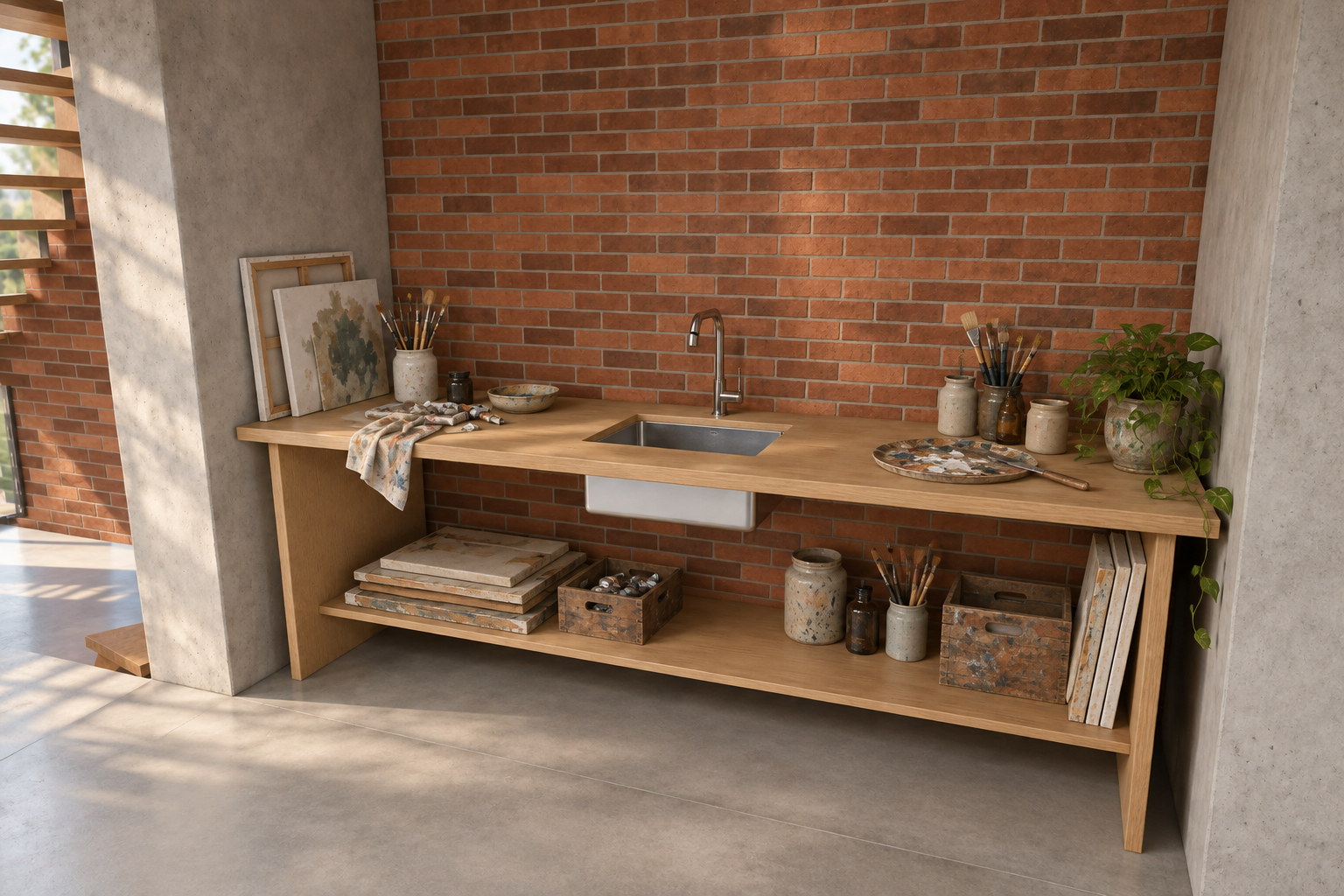 A simple 2.85 m oak counter with a central stainless sink, framed by concrete and exposed brick.