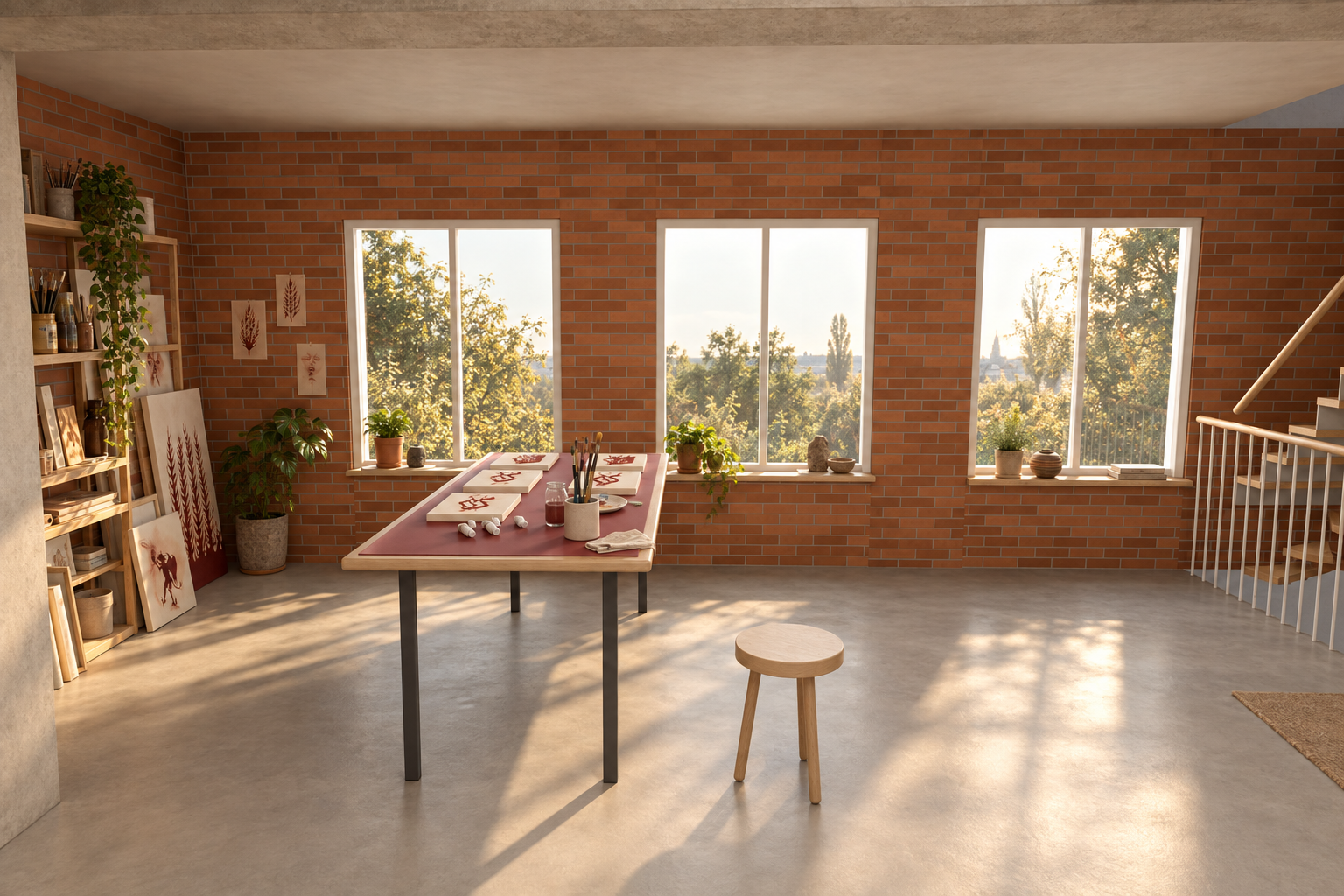 A generous table by the three south windows, beside the existing stair footprint.