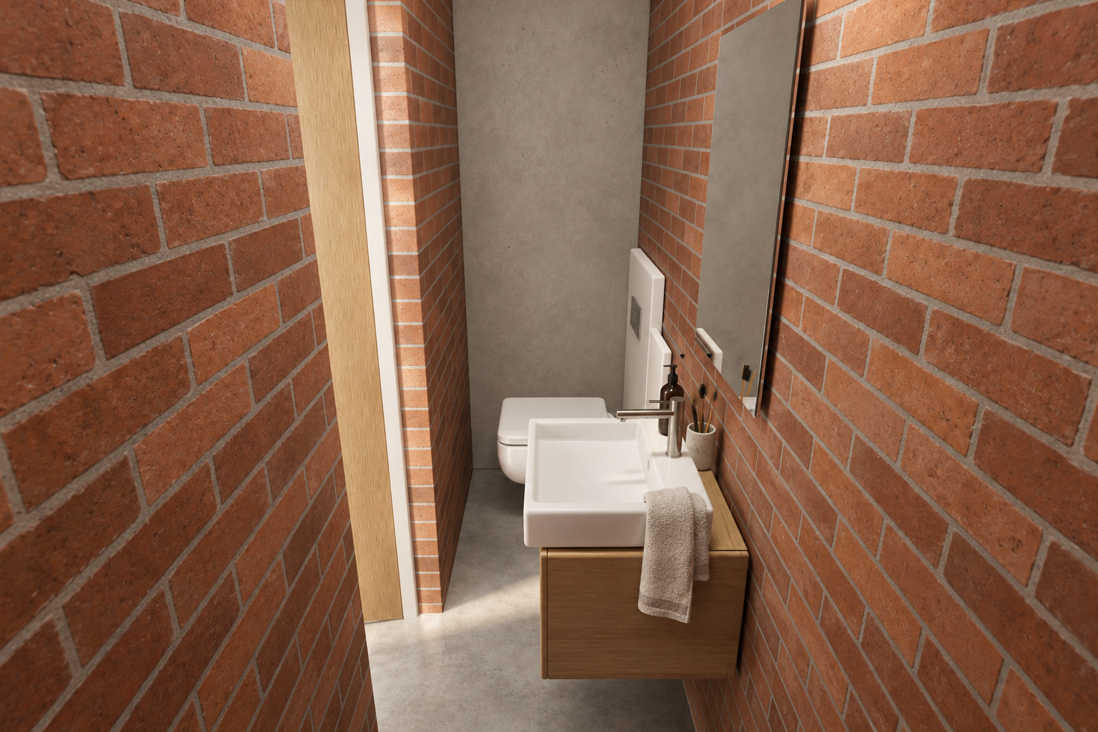 A toilet and basin in the north-west corner, with brick walls and a concrete floor.