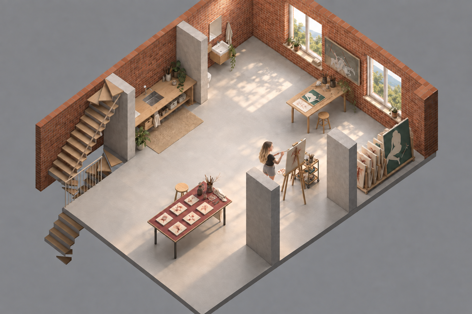 Three open bays beneath a 2.80 m ceiling. A cutaway reveals the stairs, sink counter, studio and washroom.